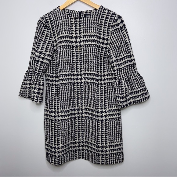 Zara Dress Women Size Medium Black White Houndstooth Print Bell Sleeve Casual * - Picture 1 of 4